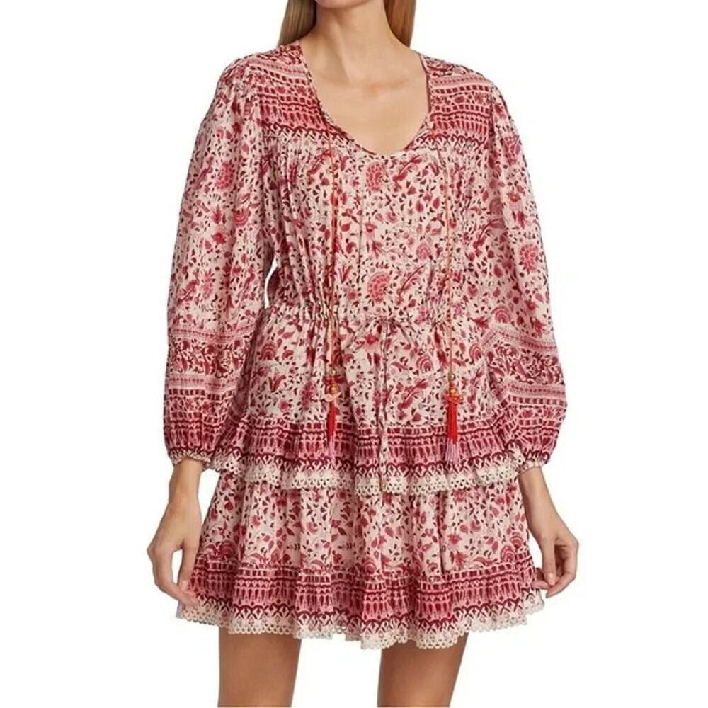 Alicia Bell Paisley Floral Tiered Peasant Dress Size Small Beaded Tassels Boho